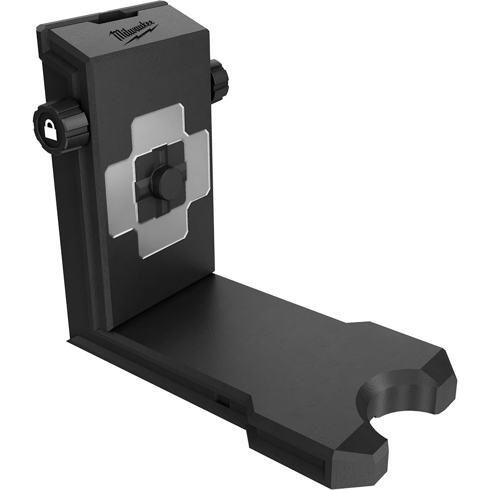 Black Milwaukee laser bracket with adjustable knobs and wide base platform for mounting.