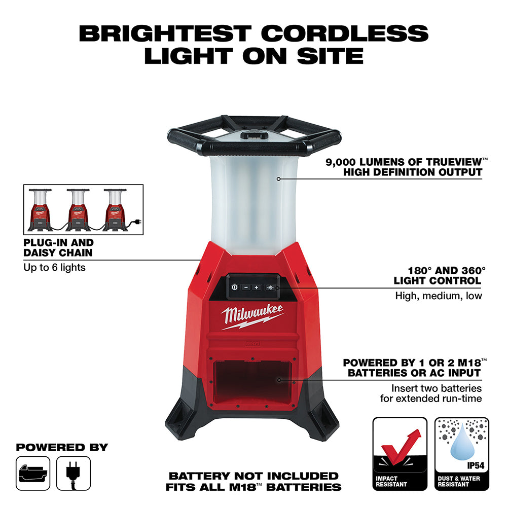 Milwaukee M18 RADIUS Site Light with translucent cylindrical body, red base, black handle, control buttons, and daisy chain c