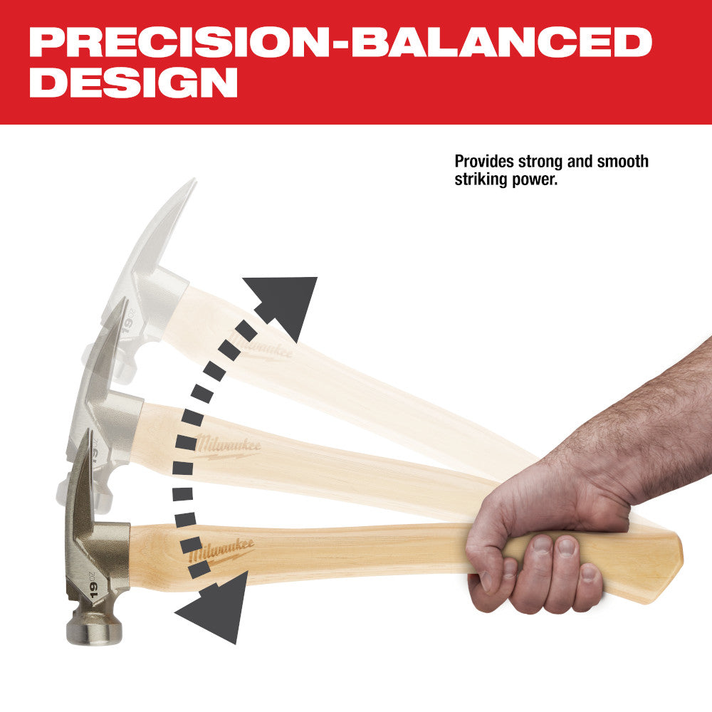 Framing hammer with smooth metal head and natural wood handle held in hand, showing balance design.