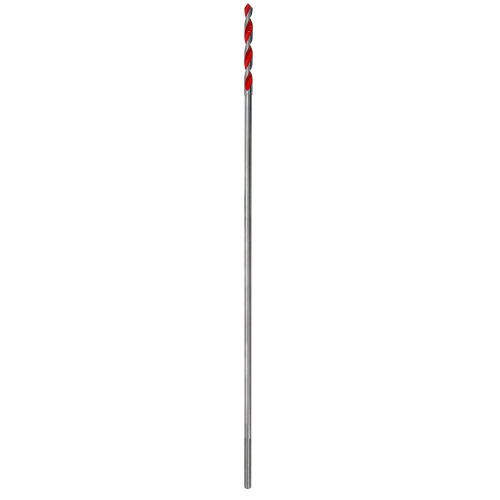 Long drill bit with 1/4-inch diameter, red and silver fluted design, 18 inches in length.