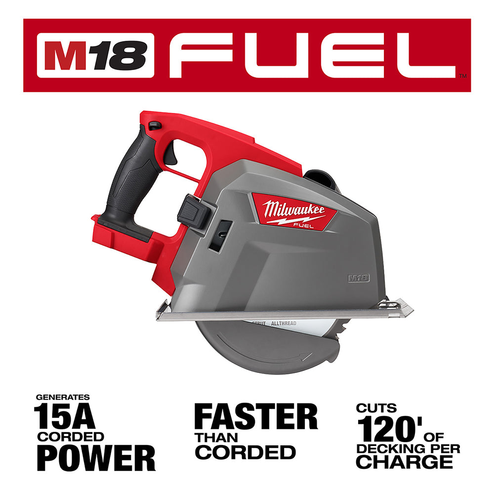 Milwaukee M18 FUEL metal cutting circular saw with red and gray body, black grip handle, and circular blade visible.