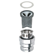 Chrome-plated vacuum breaker with disassembled components showing gray gasket, valve body, and perforated basket strainer.