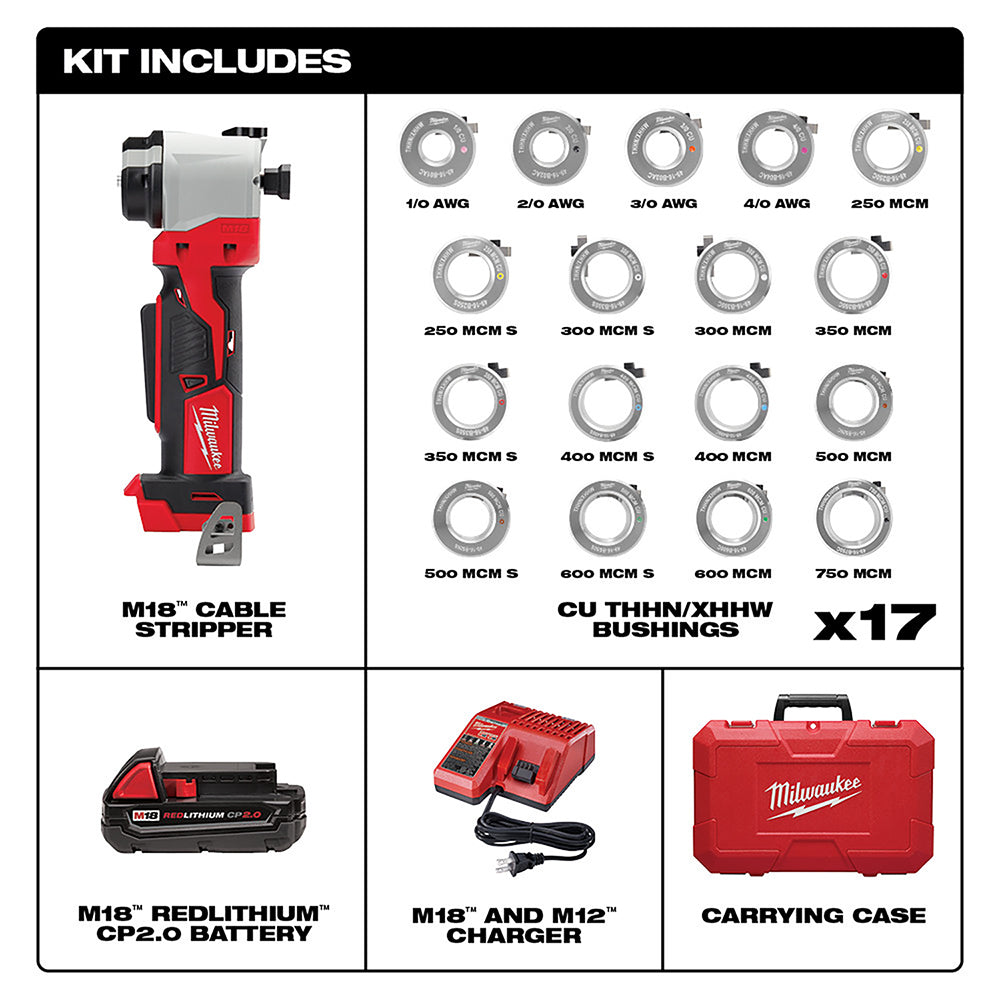 M18 cable stripper tool with 17 copper bushings in various sizes, M18 battery, charger, and red carrying case.
