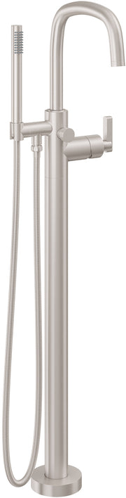 Polished brass floor-mount tub filler with curved spout, hand shower, and flexible hose.
