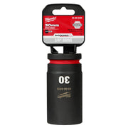 Milwaukee Shockwave 30mm deep impact socket with 3/4" drive and 6-point design, packaged in black with red label.