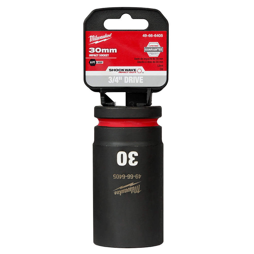 Milwaukee Shockwave 30mm deep impact socket with 3/4" drive and 6-point design, packaged in black with red label.
