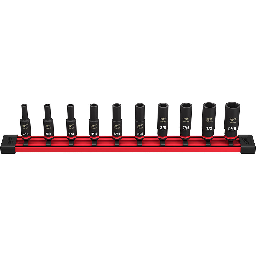 Ten black deep sockets with 6-point openings in varying sizes arranged in a red storage rail with black end caps.