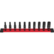 Ten black deep sockets with 6-point openings in varying sizes arranged in a red storage rail with black end caps.