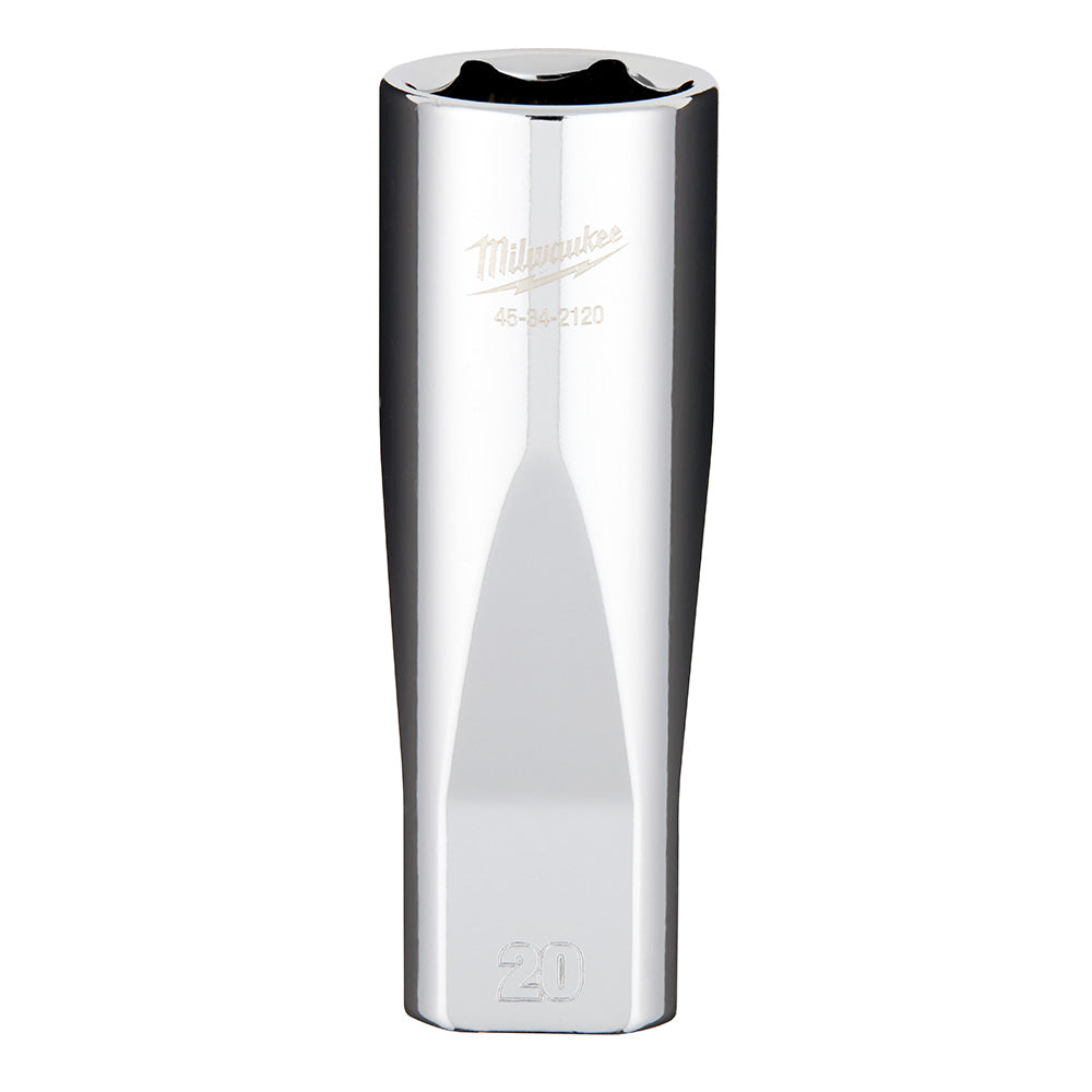 Polished chrome 1/2" drive deep socket with 20mm opening and Milwaukee logo engraved on side.