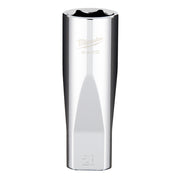 Polished chrome 1/2" drive deep socket with 20mm opening and Milwaukee logo engraved on side.