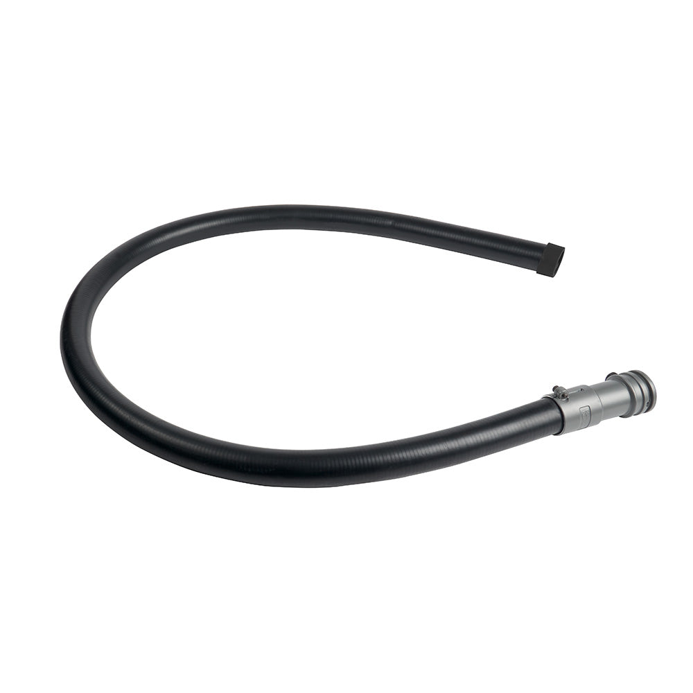 Black flexible hose with metal connector fitting at one end, curved C-shape configuration.
