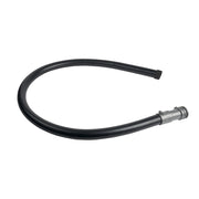 Black flexible hose with metal connector fitting at one end, curved C-shape configuration.