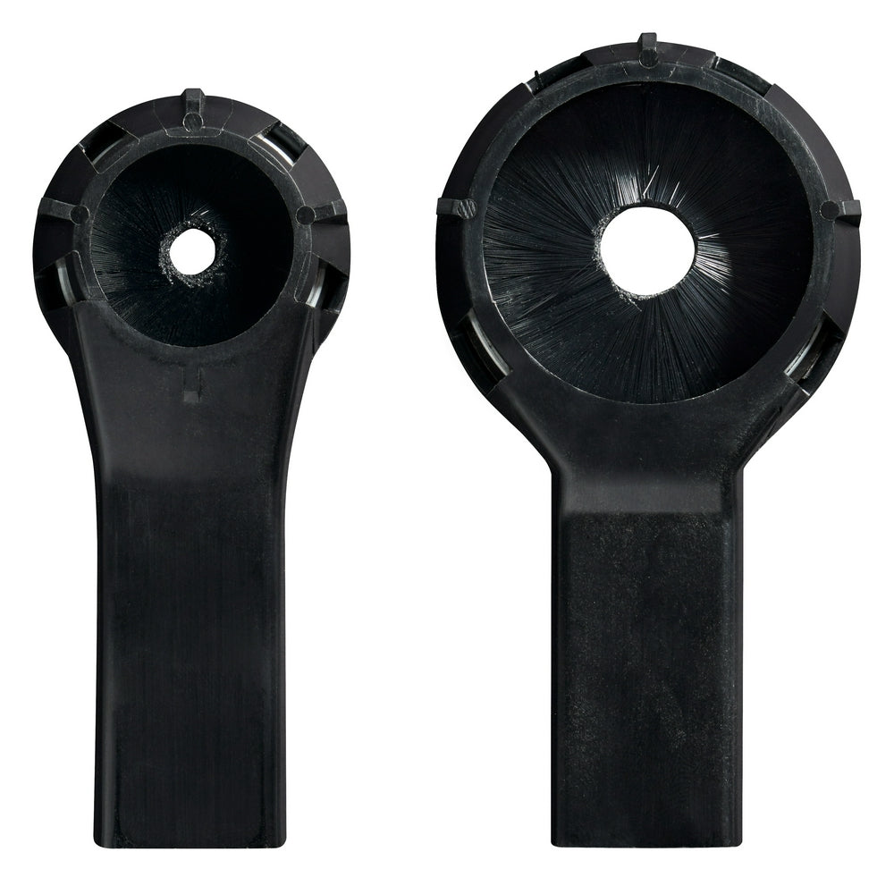 Two black plastic dust extractor nozzles with circular brush inserts and central openings, shown from front and side angles.