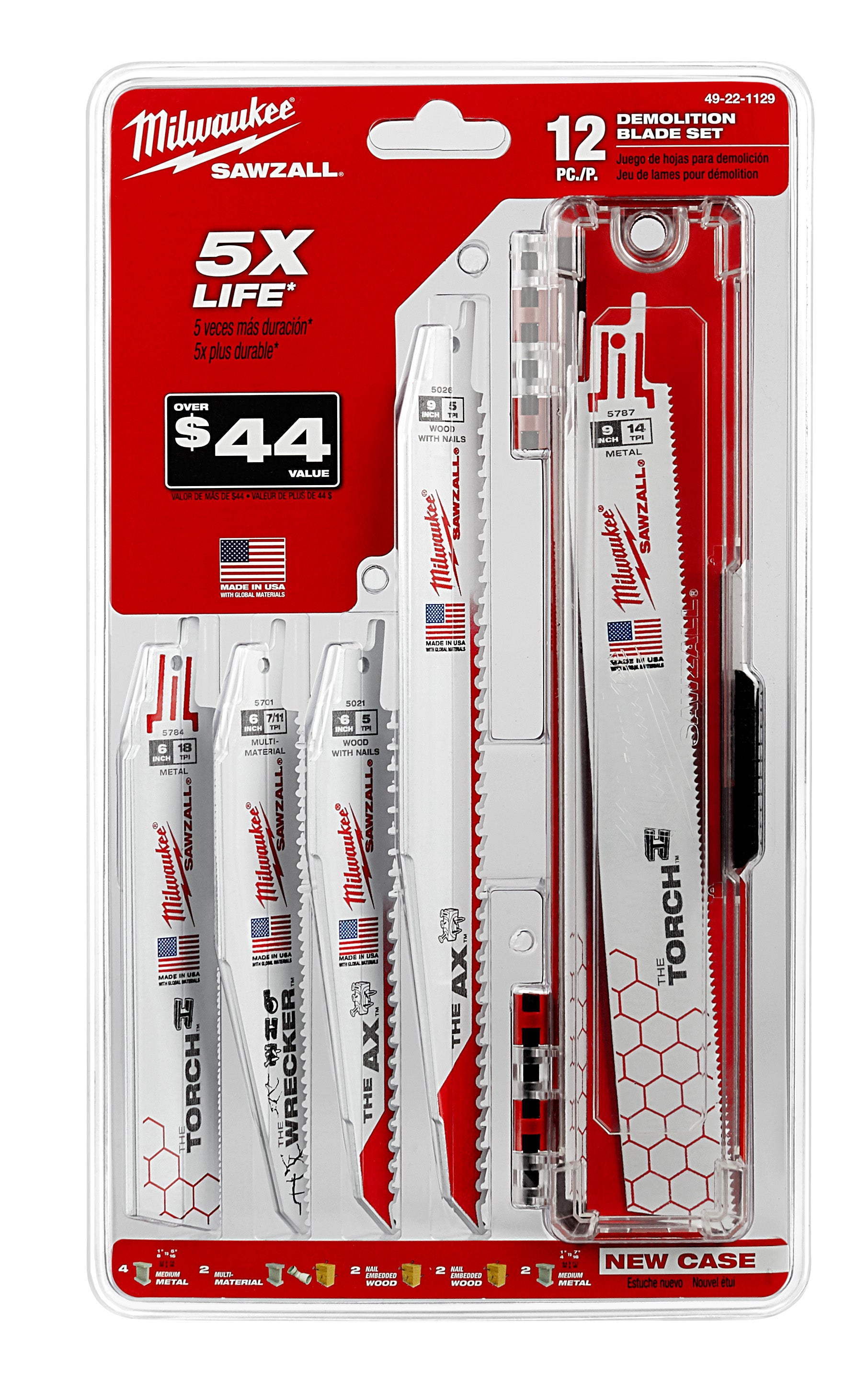 Milwaukee 49-22-1129 SAWZALL blade set containing 12 demolition blades of various sizes for wood, metal, and multi-material c