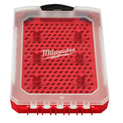 Red Milwaukee OPEN-LOK modular blade case with translucent lid, red foam insert with grid pattern, and black carry handle.