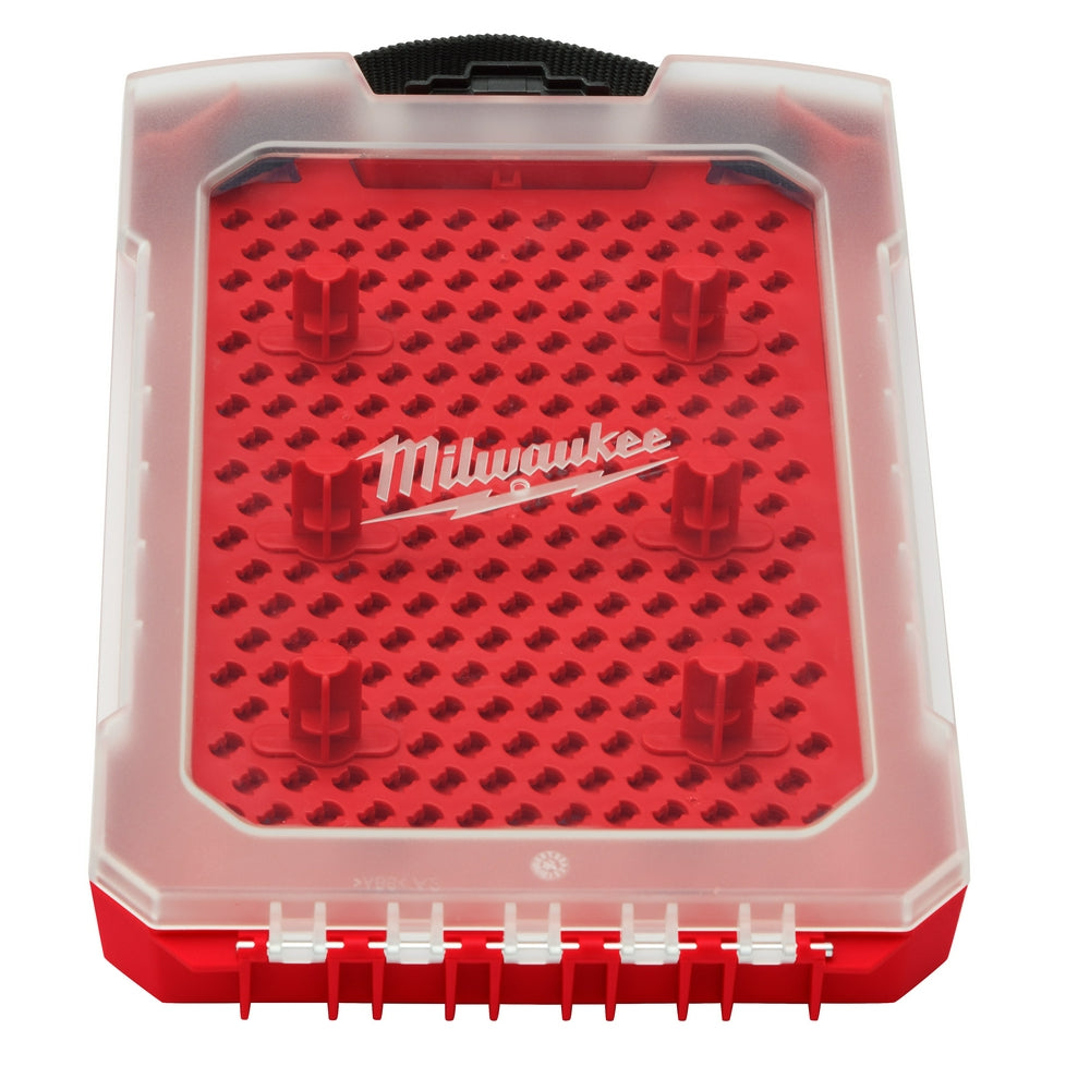 Red Milwaukee OPEN-LOK modular blade case with translucent lid, red foam insert with grid pattern, and black carry handle.