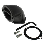 Black plastic elbow connector with mounting hardware, rubber gasket, and installation bracket for backflow preventer assembly