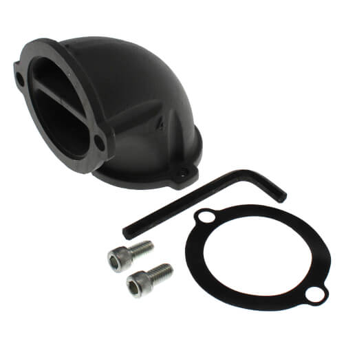 Black plastic elbow connector with mounting hardware, rubber gasket, and installation bracket for backflow preventer assembly