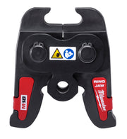 Milwaukee M18 Ring Jaw 1-inch black and red tool head with adjustment knobs and safety labels.