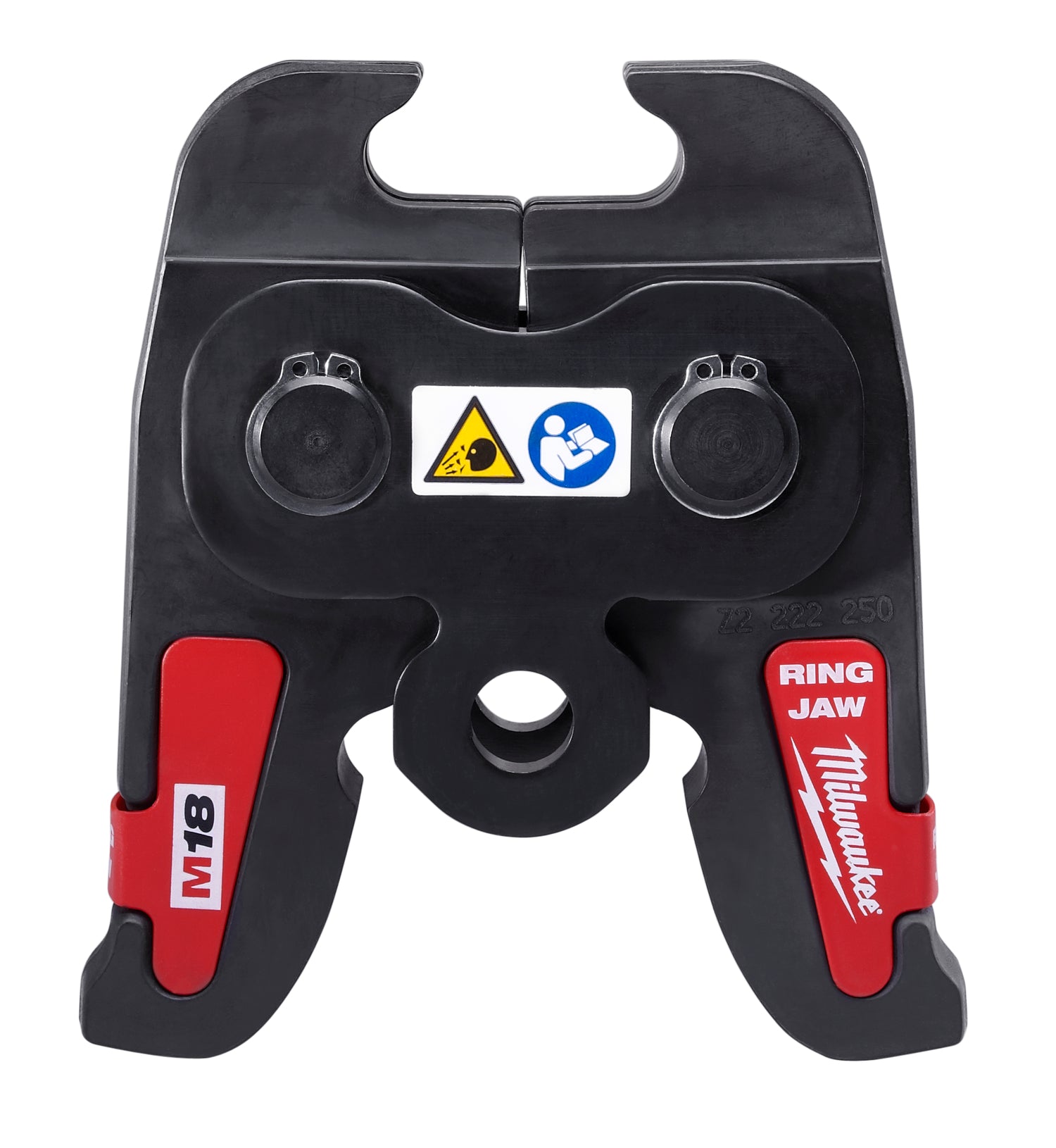 Milwaukee M18 Ring Jaw 1-inch black and red tool head with adjustment knobs and safety labels.