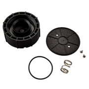 Black bonnet assembly kit with threaded cap, flat lid, rubber gasket, and metal springs on white background.