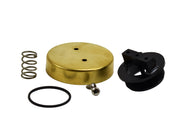Brass bonnet cap, black plastic valve seat, coil spring, and rubber O-ring components for pressure valve repair kit.