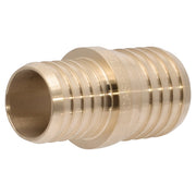 Brass reducing coupling with ribbed crimp rings on both ends, smaller diameter on left side, larger on right side.