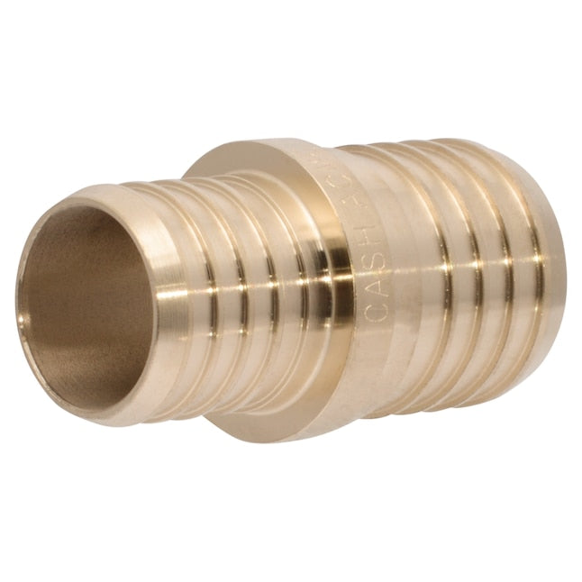 Brass reducing coupling with ribbed crimp rings on both ends, smaller diameter on left side, larger on right side.
