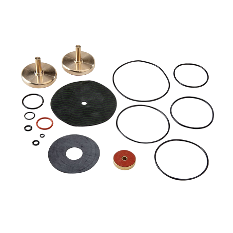 Rubber parts kit containing brass screws, black and gray rubber discs, black and red rubber o-rings, and red sealing washer.