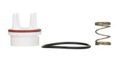 PVB vent float repair kit components including white plastic housing with red seal, black rubber gasket, and metal compressio