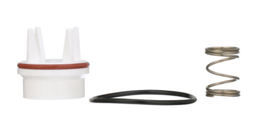 PVB vent float repair kit components including white plastic housing with red seal, black rubber gasket, and metal compressio