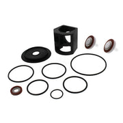 RPZ repair kit containing black housing, rubber seals, gaskets, and metal-backed washers for 1 inch valve assembly.