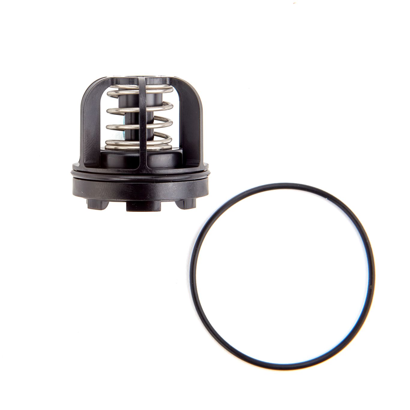 Black 3/4" check valve assembly with internal spring mechanism and rubber seal ring.