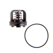Black 3/4" check valve assembly with internal spring mechanism and rubber seal ring.