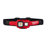 Red and black headlamp with dual LED lights and adjustable fabric headband.
