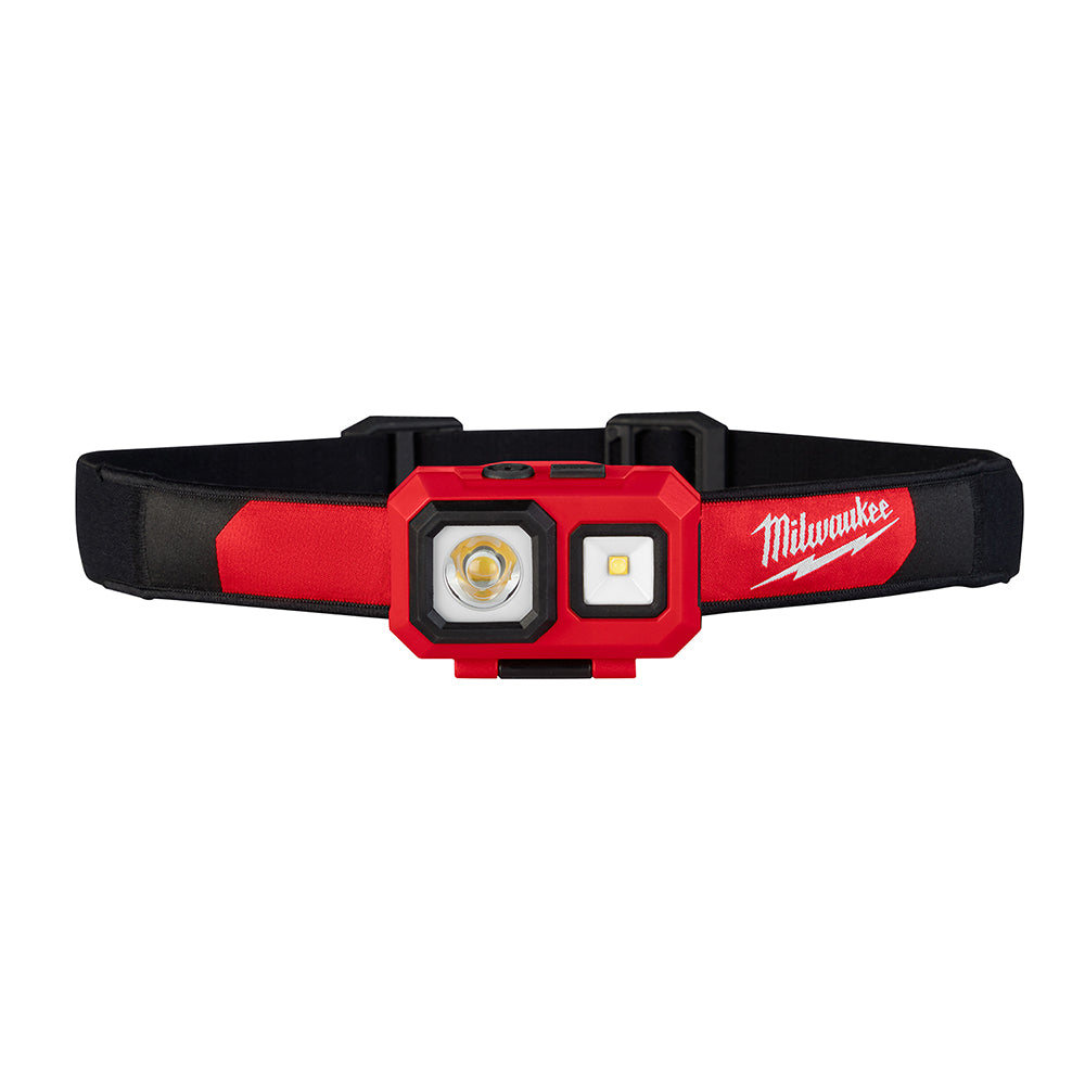 Red and black headlamp with dual LED lights and adjustable fabric headband.