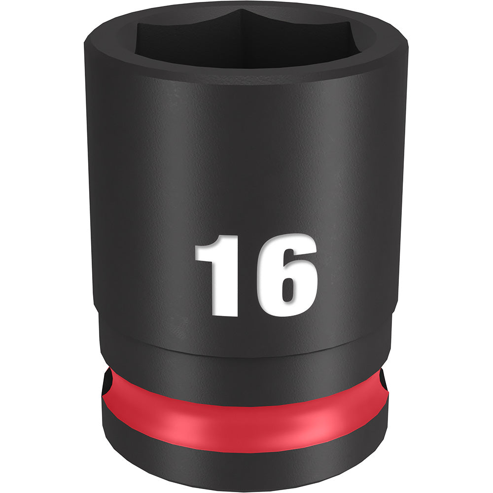 Black 16MM socket with 6-point hex opening, red band near base, labeled "16" on body.