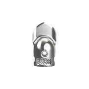 Metal opening tool head with hexagonal top and cylindrical body featuring small attachment hole, model number stamped on surf