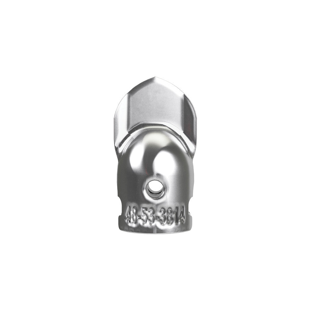 Metal opening tool head with hexagonal top and cylindrical body featuring small attachment hole, model number stamped on surf