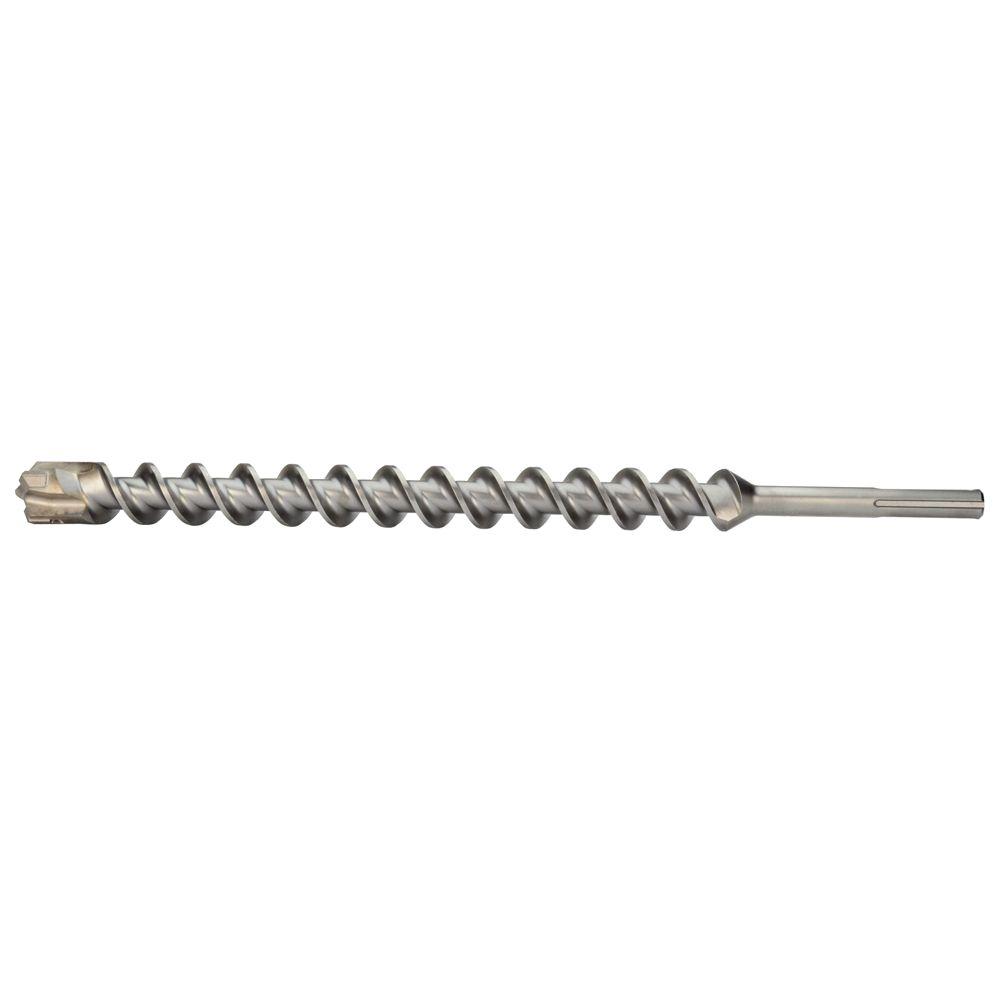SDS-Max rotary hammer drill bit with four flutes and carbide cutting head on metal shaft.