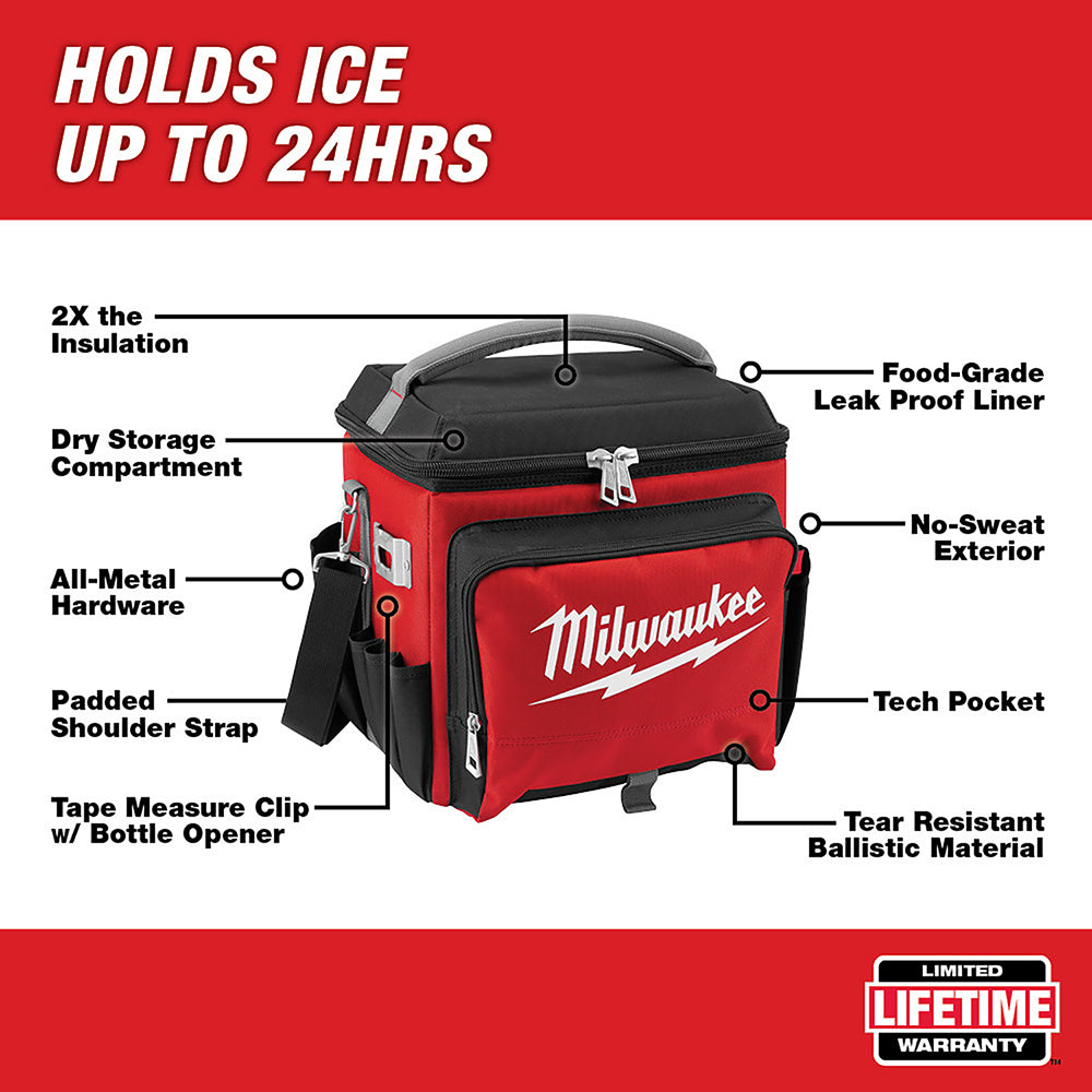 Red and black Milwaukee jobsite cooler with padded shoulder strap, dry storage compartment, and metal hardware.