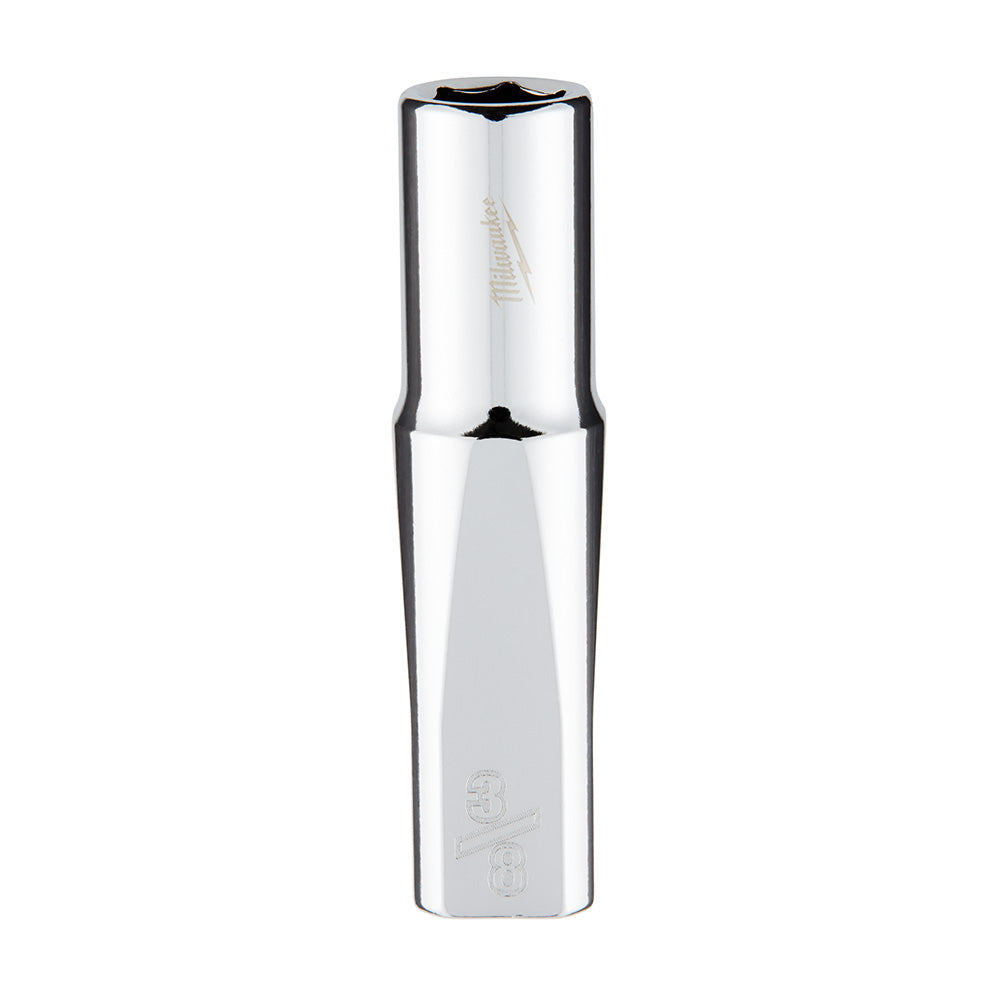 Chrome plated deep socket with 6-point hex opening and 3/8 inch drive connection.