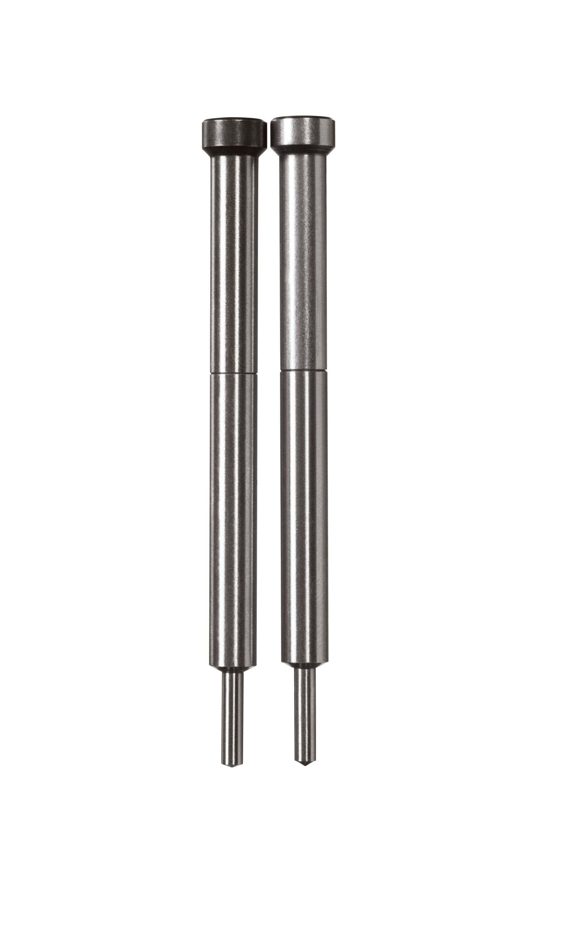 Two metal retracting pilot pins with cylindrical shafts and squared ends, shown side by side.