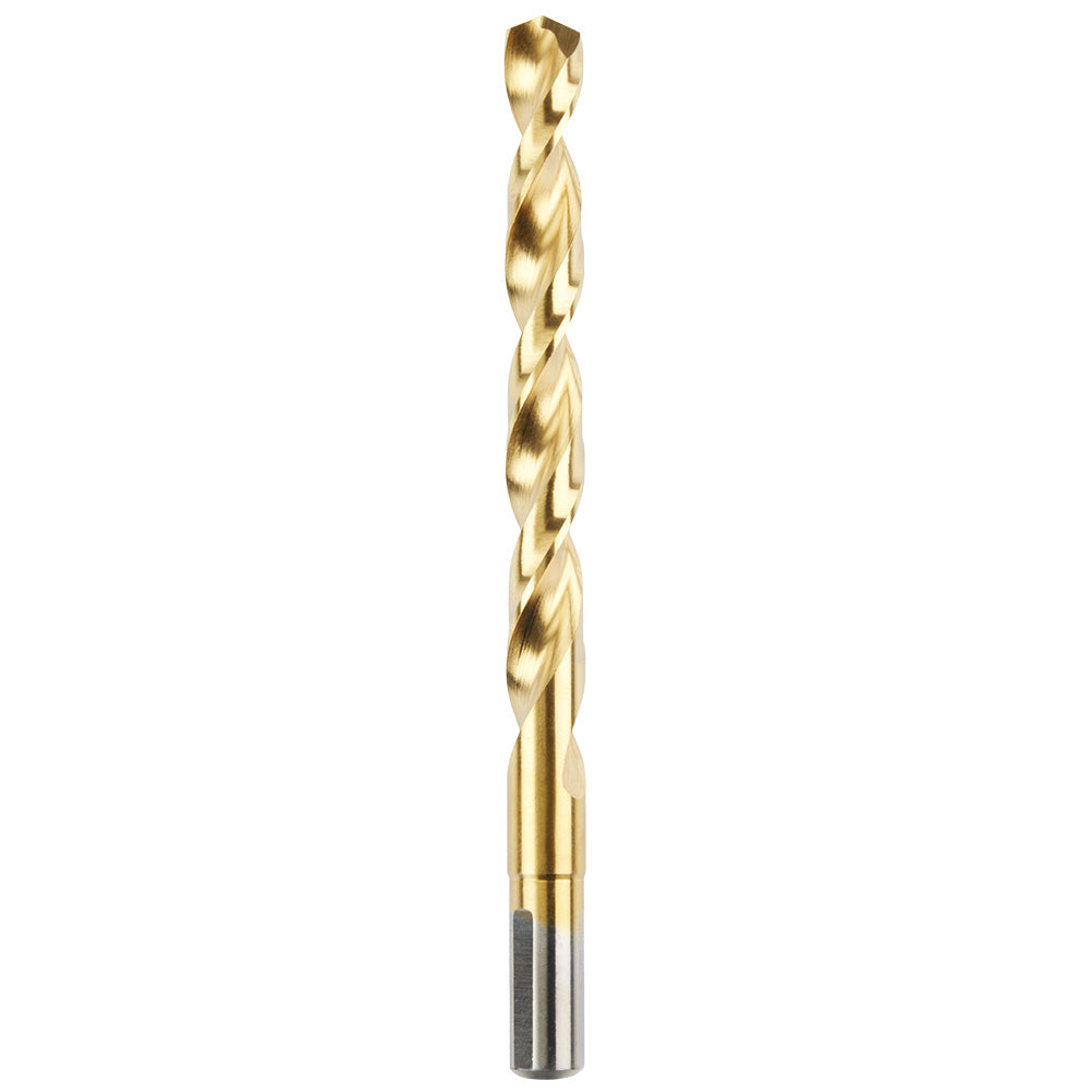Golden titanium-coated twist drill bit with pointed tip and cylindrical shank, displayed vertically.