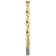Golden titanium-coated twist drill bit with pointed tip and cylindrical shank, displayed vertically.