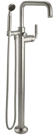 Satin nickel floor-mounted tub filler with tall spout, handheld showerhead, and dual control handles.