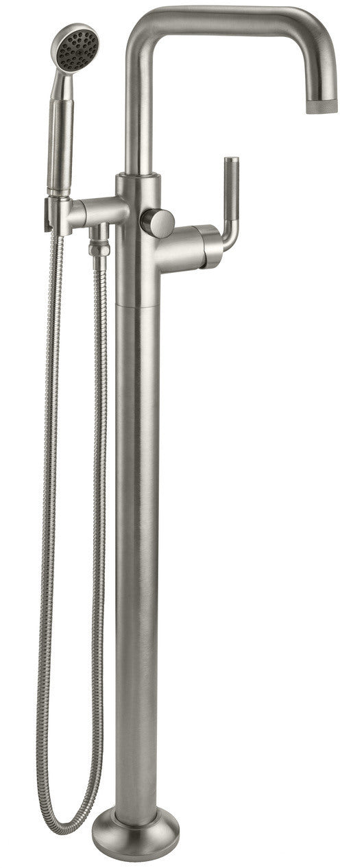 Satin nickel floor-mounted tub filler with tall spout, handheld showerhead, and dual control handles.