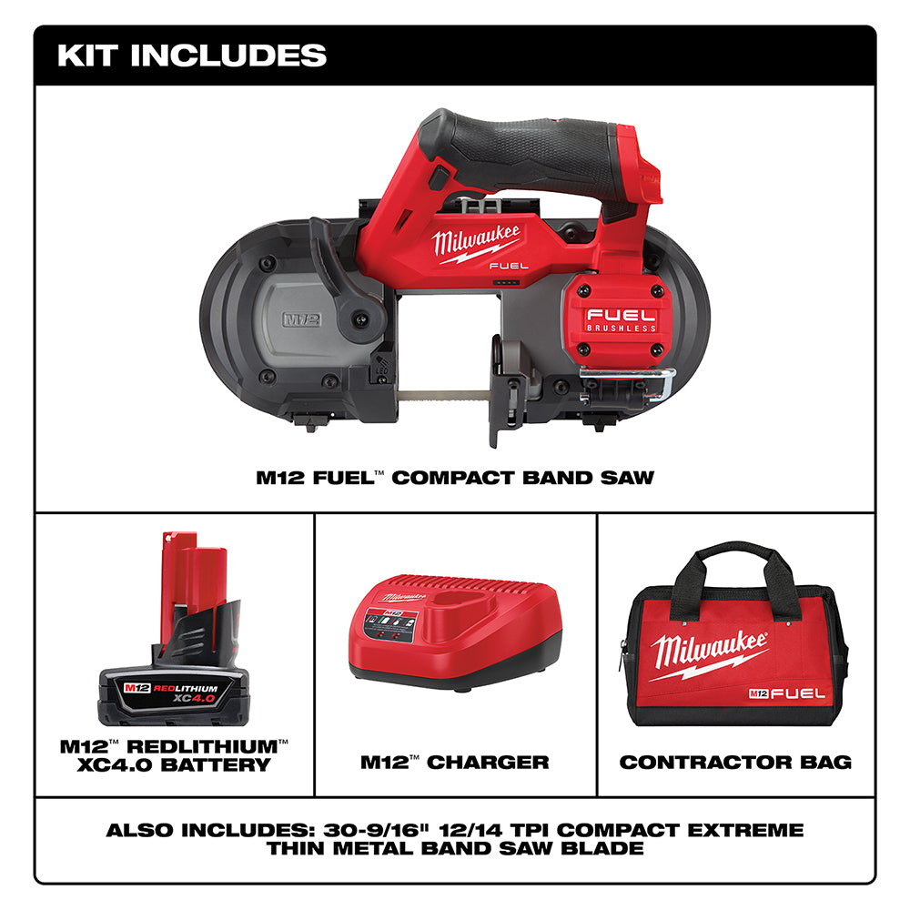 Red and black Milwaukee M12 FUEL compact band saw with batteries, charger, and carrying bag displayed.