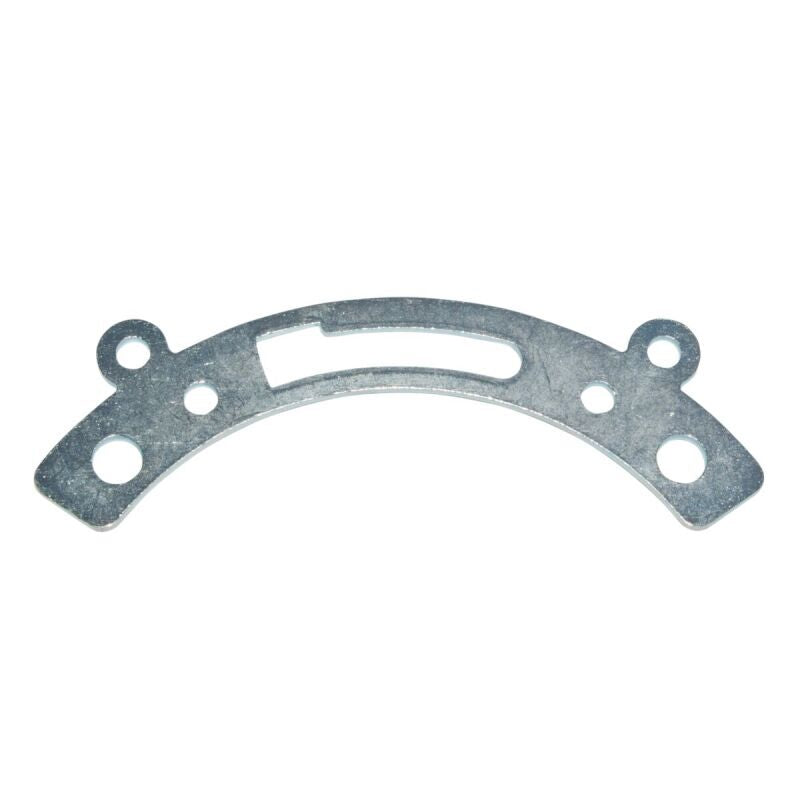 Zinc-plated spanner flange with curved handle, central slot, and six mounting holes on metallic gray finish.