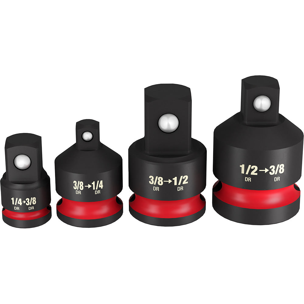 Four black drive adapters with red bands in increasing sizes, labeled 1/4"-3/8", 3/8"-1/4", 3/8"-1/2", and 1/2"-3/8".